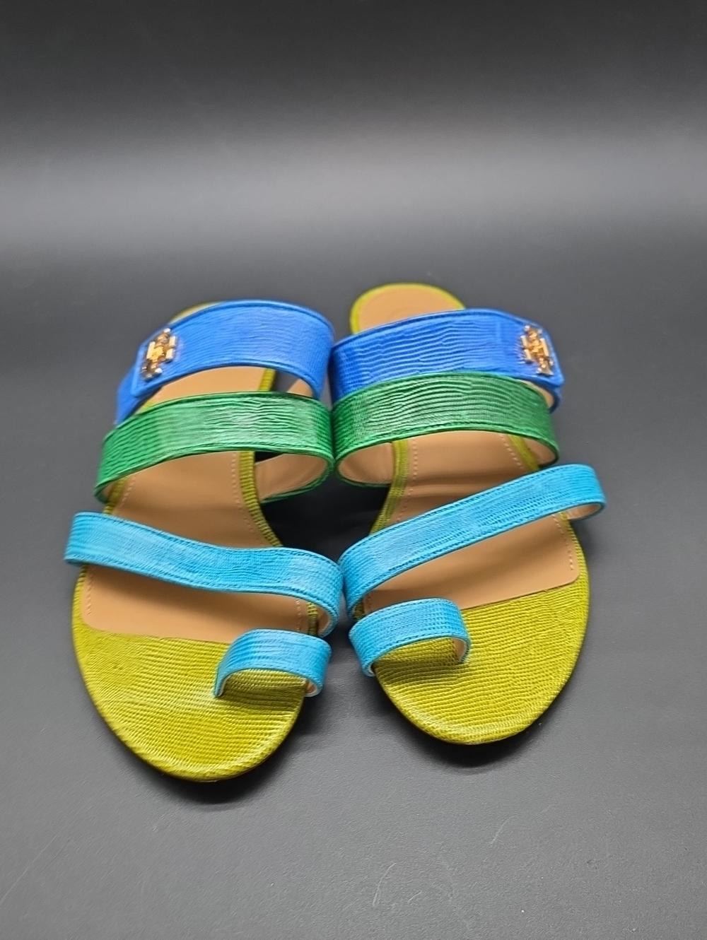 Tory Burch Blue, Green and Lime Strappy Slide Sandals sz 8.5